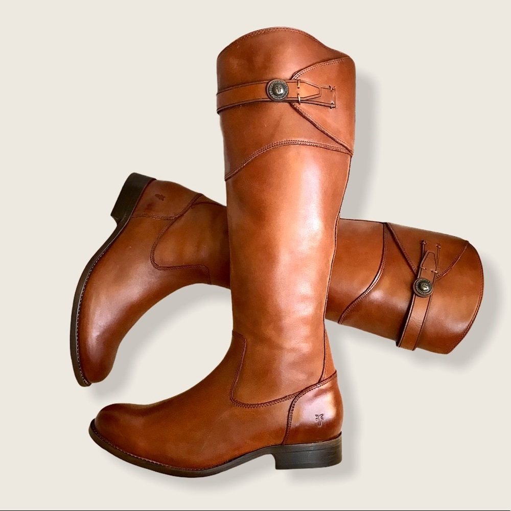 $399 Frye Molly Button Cognac Brown Leather Knee High Tall Zip Up Riding Boot - Picture 10 of 16